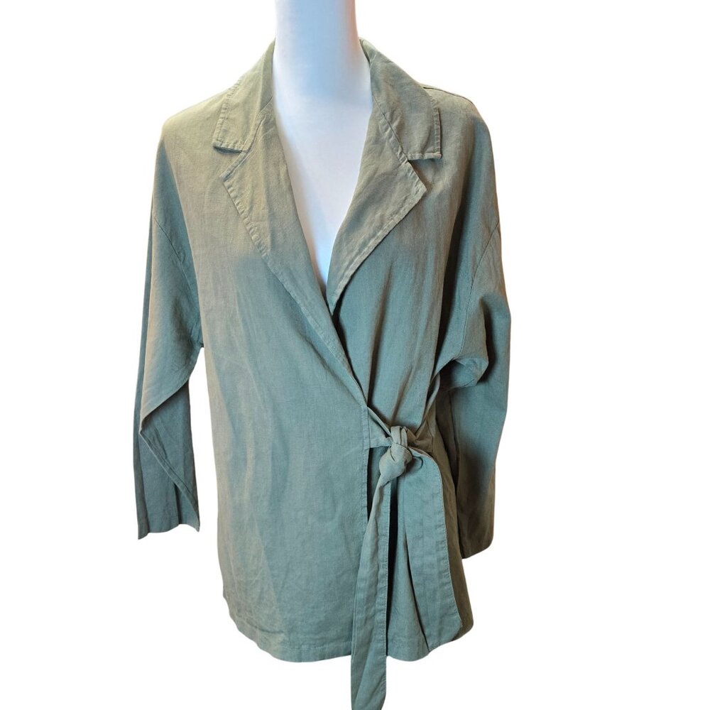LARA G. M Women's Linen Blend Tie Blouse /Unlined Jacket  Sz: 4 Green